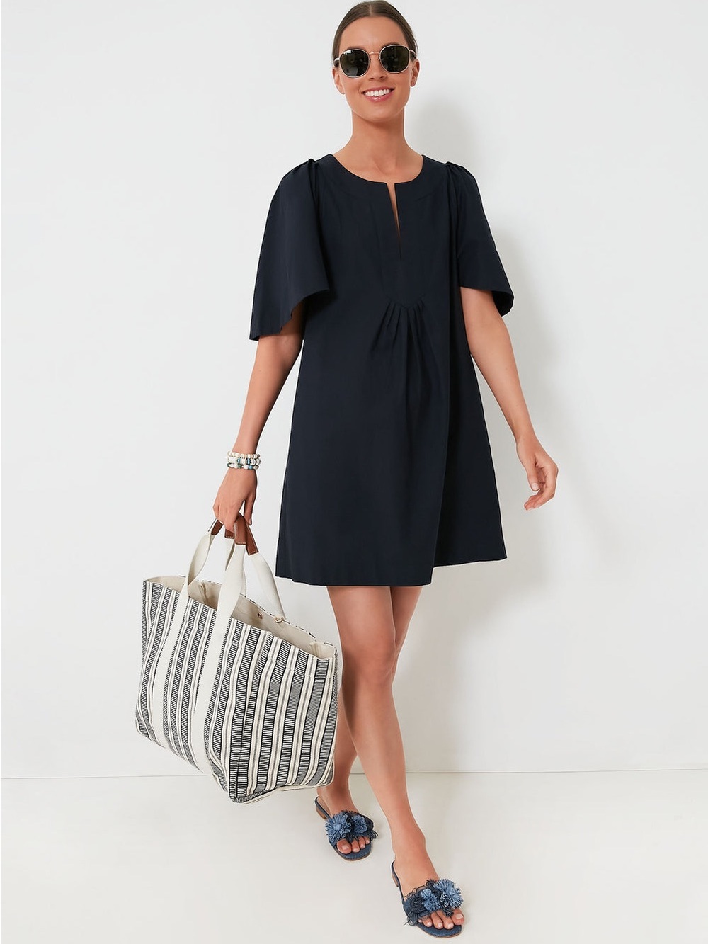Pomander Place Deep Navy Finley Flutter Sleeve Cotton Dress Size Small